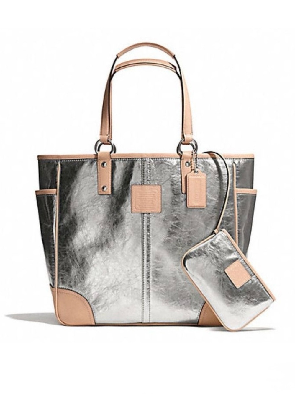 Vintage Coach Metallic Silver Leather Tote & Wristlet Clutch